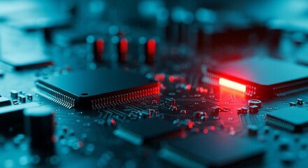 Stunning close-up of a glowing motherboard circuit board with vibrant red lights illuminating intricate technology pathways