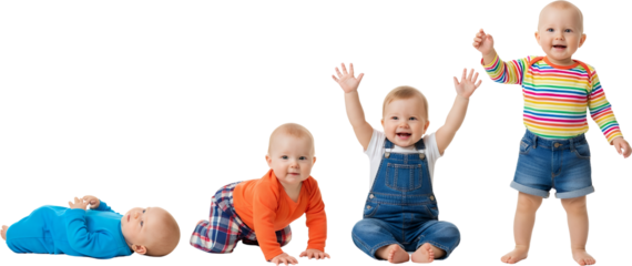 Four babies at different developmental stages one lying down one crawling one sitting and one standing baby infant growth milestones childhood new baby