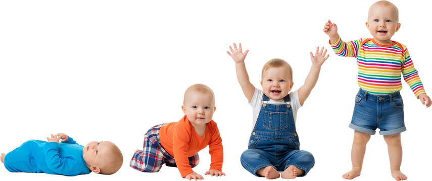 Four babies at different developmental stages one lying down one crawling one sitting and one standing baby infant growth milestones childhood new baby