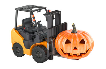Forklift truck with carved Halloween pumpkin, 3D rendering