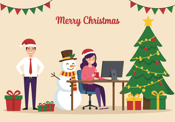 Someone is working on Christmas Day accompanied by a snowman, vector illustration
