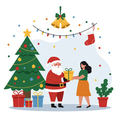 Santa Claus gives gifts to girls on Christmas Eve