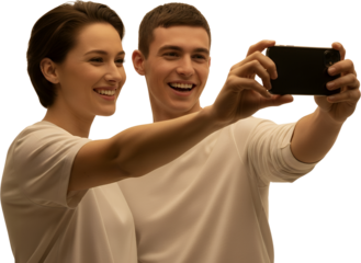 Smiling young couple wearing white tops taking a selfie together with a smartphone Mobile Technology Joyful Happy Relationship Caucasian Male Female People