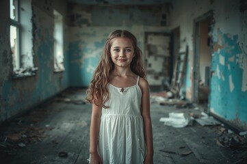 Naklejka premium Young girl with long hair wearing a white dress standing in a dilapidated room with peeling paint and debris on the floor, natural light illuminating the scene.