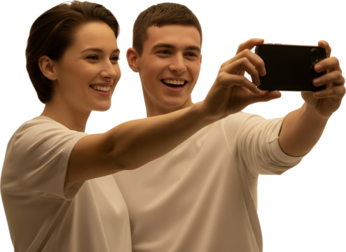 Smiling young couple wearing white tops taking a selfie together with a smartphone Mobile Technology Joyful Happy Relationship Caucasian Male Female People