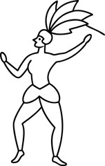 carnival dancer with feather headdress outline vector illustration on transparent background