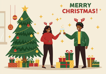 A beautiful Christmas tree with gifts and decorations is a festive illustration of the winter holiday season