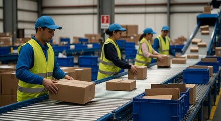 Dedicated logistics team diligently processing packages on a modern conveyor belt system in a busy warehouse environment