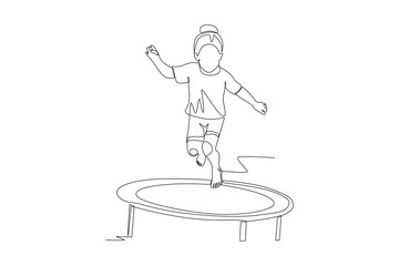 Little girl playing on a trampoline. Children playing concept one-line drawing