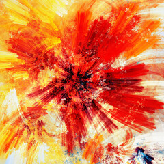 Paint explosion. Bright background with splashes. Abstract red art. Vibrant paint burst. Fractal artwork for creative graphic design