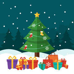 Obraz premium Festive Christmas tree with colorful gifts, winter holiday celebration decoration