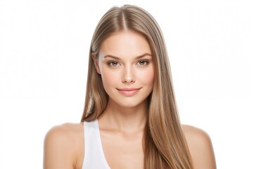 Naklejka premium Young woman with long straight hair and natural makeup facing the camera with a neutral expression on a plain white background providing ample space for advertisements