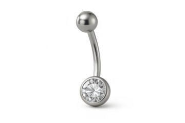 Shiny silver belly button piercing with clear gem isolated on transparent background