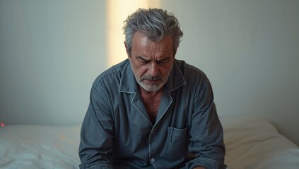 Middle-aged man with gray hair sitting on a bed in pajamas showing expressions of sadness and distress with soft natural light illuminating the scene and an empty space for text placement