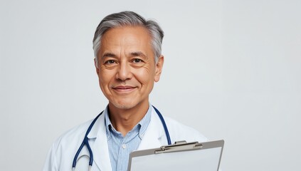 Mature male doctor smiling and holding a clipboard wearing a white lab coat with a stethoscope around his neck on a clean white background