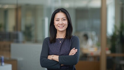 Portrait of confident female architect with arms crossed in modern office environment smiling at the camera showcasing a professional and collaborative atmosphere in the workplace setting