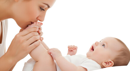 Mother gently kissing baby's foot capturing a tender moment of love and connection between parent and child family tenderness infant gentle joy happiness