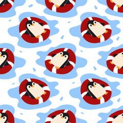 A seamless pattern with cute penguins floating on red lifebuoy. Wallpaper, wrapping paper, fabric, packaging, notebook cover template