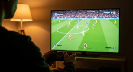 Immersive gamer intensely plays vibrant football simulation on large screen television, controller in hand, creating exciting digital sports entertainment experience at home.