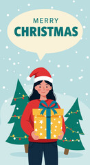 Potrait of the woman says merry christmas in the winter, vector illustration