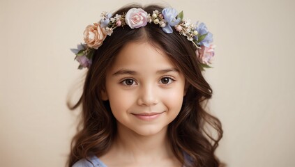 Naklejka premium Young girl wearing a floral wreath made of soft pastel flowers, with long wavy hair and a gentle smile, set against a light neutral background.