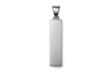 Sleek brushed silver rectangular pendant, isolated on transparent background