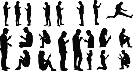 Mobile phone silhouettes, people using smartphones, digital addiction concept, modern lifestyle icons, technology poses, vector illustration for stock content