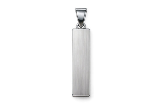 Sleek brushed silver rectangular pendant, isolated on transparent background