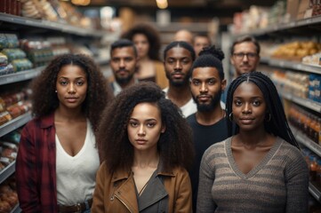 Obraz premium Diverse group of individuals standing in a supermarket aisle with shelves stocked with groceries and a softly blurred background creating depth in the scene.