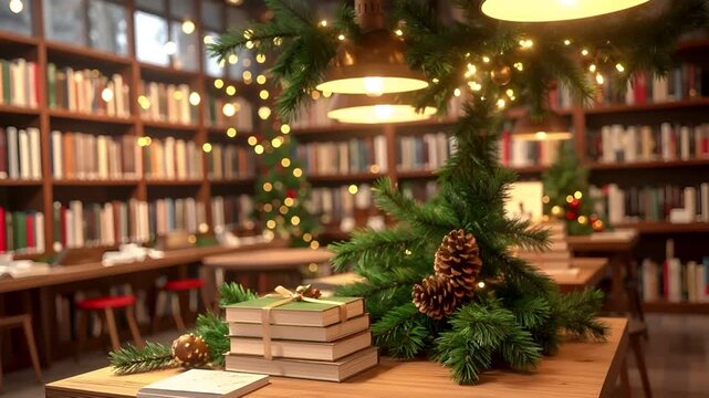 書店カフェのコーナーにクリスマス装飾と温かなランプ光