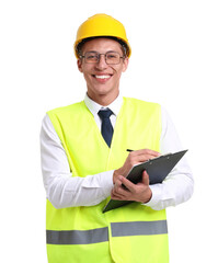 Portrait of engineer in hard hat and reflective vest with clipboard on white background