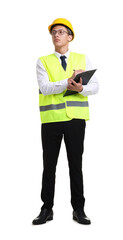 Young engineer in hard hat and reflective vest with clipboard on white background
