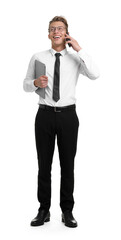 Happy businessman with laptop talking on phone on white background