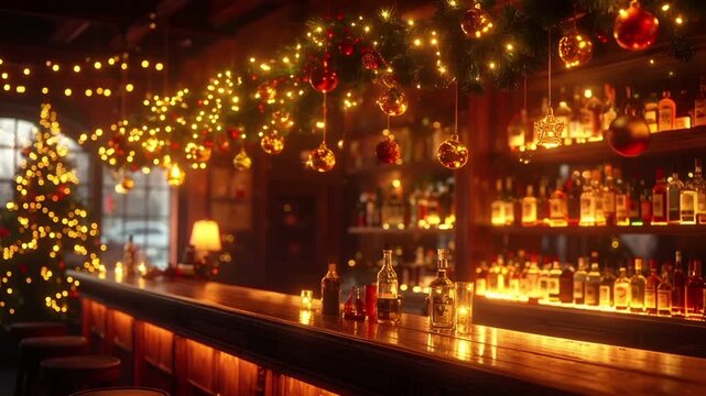 クリスマス装飾に包まれたバーのカウンターとボトルの光反射