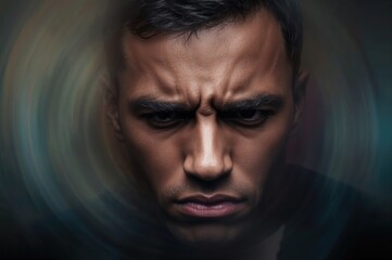 Fototapeta premium Close-up of a man with intense facial expression and furrowed brow, surrounded by a blurred swirl effect conveying emotional tension and mental strain.