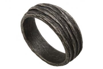 Rustic dark textured ring with bark-like finish, isolated on transparent background