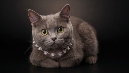 grey cat with large green eyes wearing a paw-shaped collar lying on a black background pet portrait capturing the essence of domestic animals