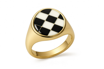 Gold signet ring, checkerboard pattern, transparent background, isolated