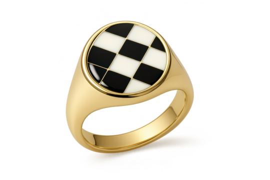 Gold signet ring, checkerboard pattern, transparent background, isolated