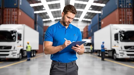 A man in a blue shirt holds a clipboard, as the man stands in a warehouse. The warehouse is busy with trucks while the man reviews inventory with the clipboard.