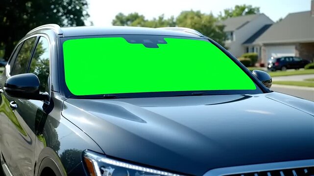 Close-up of a dark SUV with a green screen windshield parked on a sunny suburban street
