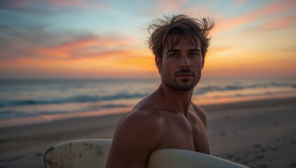 Man holding surfboard while standing on sandy beach at sunset with colorful sky and ocean waves in background. Natural lighting enhances the scene.