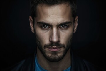 Fototapeta premium Close-up portrait of young bearded man with serious expression wearing blue t-shirt and black leather jacket against dark background, emphasizing facial features and dramatic lighting.
