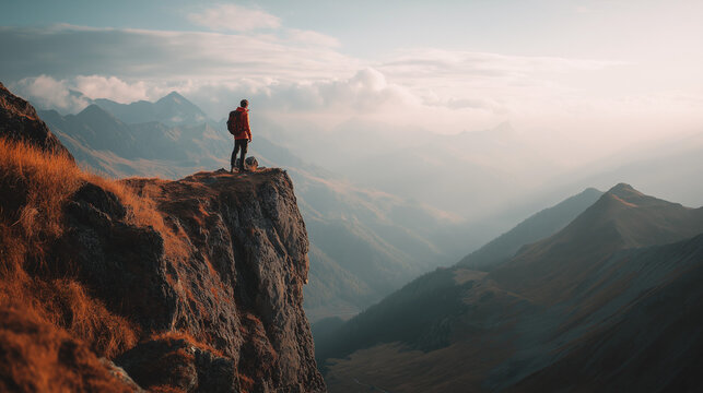 Hiker standing on cliff edge with wide mountain view