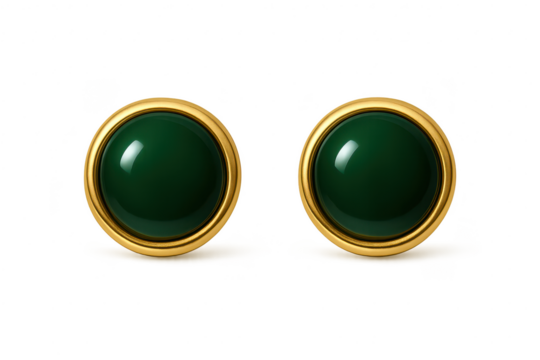 Two elegant green and gold decorative buttons isolated on transparent background