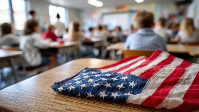 Students focus on lessons while the American flag on the desk symbolizes patriotism