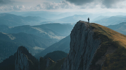 Hiker standing on cliff edge with wide mountain view