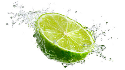 Fresh green lime slice with water splashing capturing vibrant color and dynamic motion, isolated on white background.