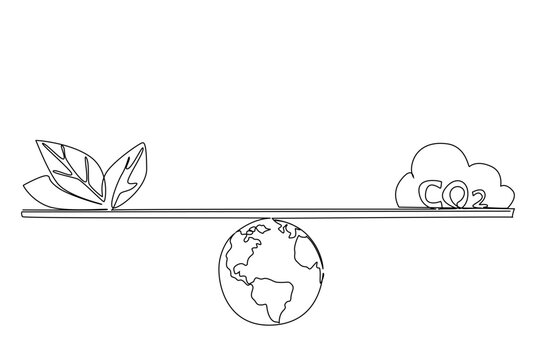 Single continuous line drawing scales with globe as the fulcrum with leafy leaves and clouds labeled CO2. Natural balance for a good earth. Friendly. Tree Concept. One line design vector illustration
