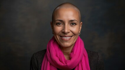 Bald woman smiling confidently while wearing a pink scarf symbolizing support in cancer awareness against a soft blurred background.